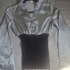 Black/white striped satin shirt with ribbed bottom